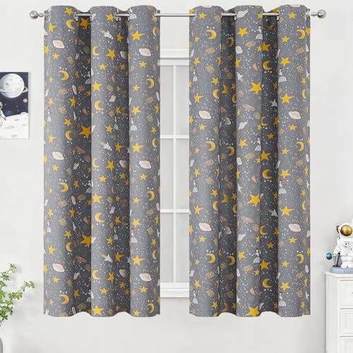 Image of Grey Unicorn Planet Room Darkening Curtains 63 Inch Long for Kids Bedroom