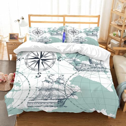 NIOYNJIS Ropa de Cama. Cubierta de Gran Comodidad,Hecha de algodón 100% Suave y Delicado,Muy amigable con la Piel,Conjunto de Objetos de diseño náutico: Barcos de Vela, Yates, brújulas.,178x208cm