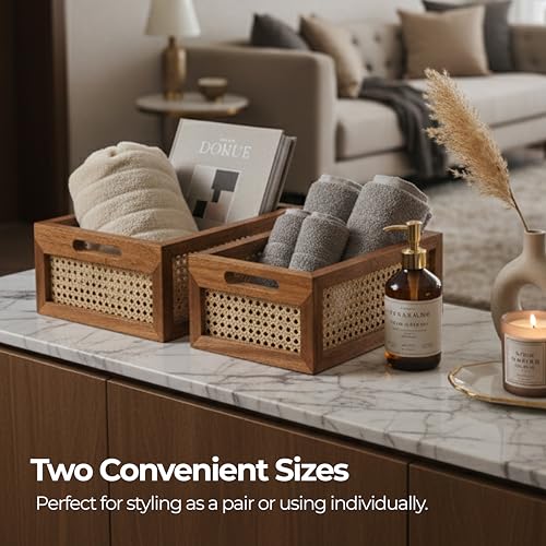 Image of Ikari Homes Duo Weave Rattan Storage Basket with Wooden Frame & Mesh Design | 34x25x15 cm Brown Rattan Organizer Basket for Kitchen, Closet & Shelves | Decorative Multipurpose Storage (Pack of 2)