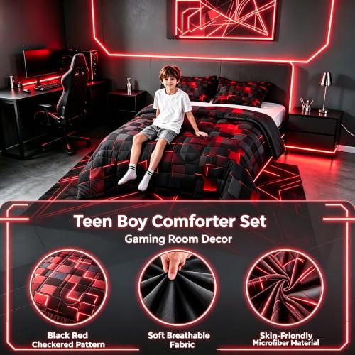 Image of Erosebridal Black and Red Comforter Set Full Neon Geometric Checkered Bedding Set Gamer Room Decor for Boys,Abstract Grids Quilt Comforter for Kids Teen Men Plaid Check Bed Set 3 Pcs