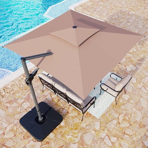 MFSTUDIO 10FT Patio Cantilever Umbrella, Outdoor Square Large Double Top Aluminum Offset Umbrella with Cross Base, Infinite Tilt, 360 Degree Rotation for Backyard Deck Pool, Beige(No Weight)