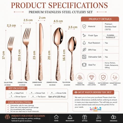 Image of Floral Rose Gold 20 Pcs Stainless Steel Cutlery Set for Dining Table, Dishwasher Safe Glossy Flatware (4 Spoon Set+4 Forks Set+4 Butter Knife+4 Dessert Spoon+ 4 FruitFork)