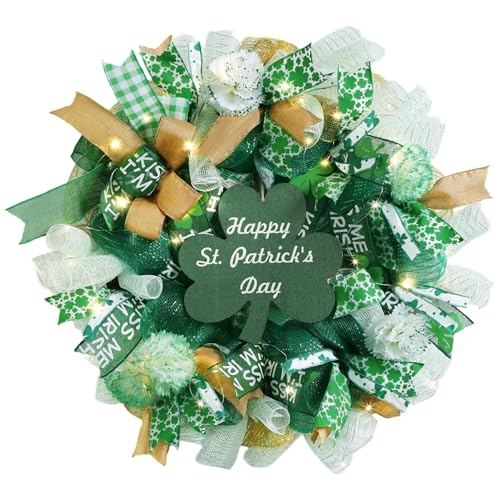 Presentastic 25 Inch Large St Patricks Day Decorations Wreath, Handmade Artificial Shamrock Wreath for Front Door with LED Lights, Kiss Me Im Irish for Wall Decor Window, Saint Paddys Day Decorations