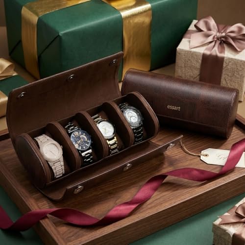 Image of essart Travel Watch Roll Case 4 Slots - watch roll travel case Portable Luxury Watch Organizer & Storage Box for Men & Women with Brown colour