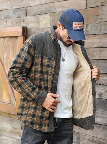HYPESTFIT Men's Corduroy Plaid Sherpa Lined Flannel Shirt Jacket Fleece Coat3