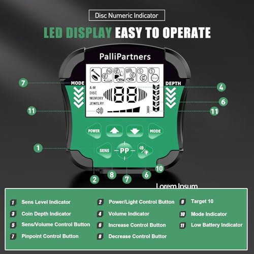Image of PalliPartners Metal Detector for Adults Waterproof-Professional Higher Accuracy Gold Detector with LCD Display,5 Mode,Advanced DSP Chip 12 inch Coil(Green)
