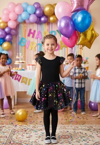 Image of DANSHOW Ballet Leotards for Girls Dance Skirted Leotard Kids Ballet Tutu Dress Toddler Shiny Ruffle Sleeve Dancewear