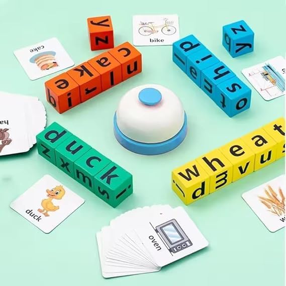 Image of Kiddie Galaxia Wooden Alphabet Spelling Game Montessori Learning Toy for Kids Educational Game for Word Building, Spelling & Early Aducation Toy 3+ Years 20 Letter Cubes 64 Flashcards 1 Bell