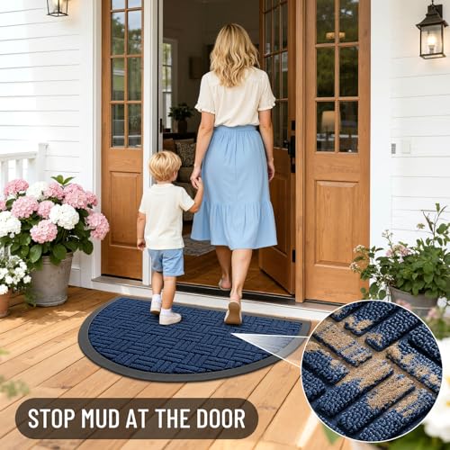 Image of OLANLY Half Circle Door Mat Outside Entrance 29.5x17, Absorbent, Heavy Duty Sturdy Natural Rubber Doormat Indoor Outdoor, Fade Resistant, Non-Slip Backing Low Profile Floor Mat for Entryway, Navy Blue