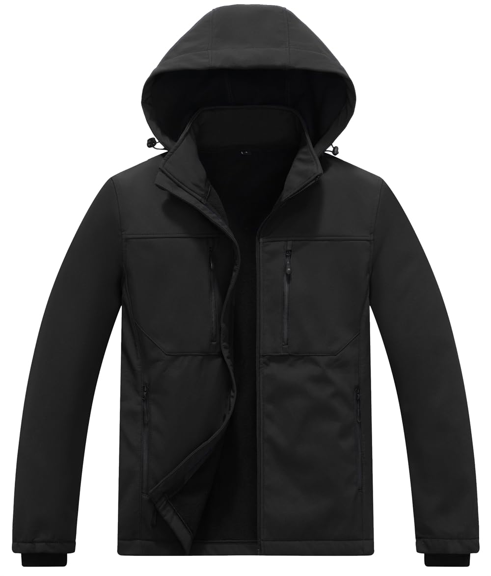 KVE Men's Waterproof Softshell Jacket Fleece Lined Hood | Removable Hood, Fleece Lined Warmth, 4-Way Stretch, 6 Zip Pockets, Adjustable Windproof Fit, Lightweight 3-Season Hiking