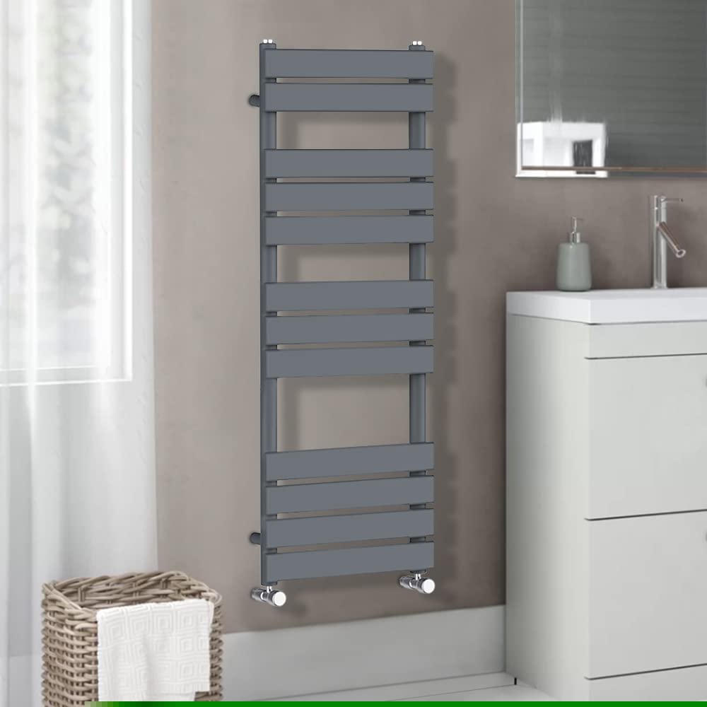 Warmehaus Flat Panel Heated Towel Rail Radiator Ladder Rad Anthracite 1200 x 500mm Grey Central Heating Towel Warmer for Bathroom Kitchen