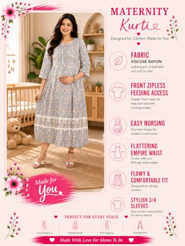 Image of RITIJYA Zipless Feeding Kurta Dress for Women | Maternity Nursing Kurti, No-Zip Easy Access | Extra Pleats Pre to Post Pregnancy | Quick-Dry Fabric | S-4XL