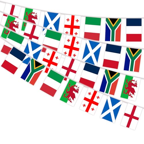 YOFANUP Wimpelkette mit Rugby-Club-Meisterschaft, 28 Flaggen – 9 m lang, Flaggen von England, Südafrika, Wales, Schottland, Italien, Frankreich & Georgien – perfekt für Rugby-Party-Dekorationen (2
