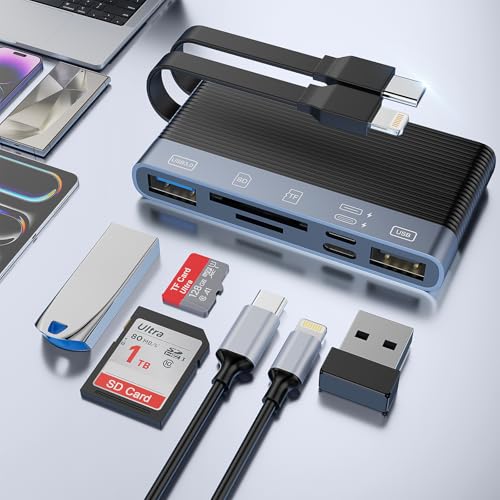 SD Kartenleser Lighting & USB C 6 in 1 Multi SD Card Reader, SD Micro SD Karten Adapter, Universal Kartenleser Speicherkartenadapter OTG Adapter Kartenlesegerät 5Gbps für iPhone/iPad/Android Handy