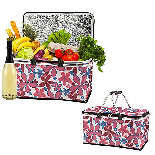 Boodschappenmand, opvouwbaar, met thermische functie, 30 liter, koeltas, thermomand, picknickmand, isoleertas (bloem roze met thermische functie) - Image 4