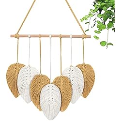 Estanteria Boho Chic Weldomcor Tapiz de Pared Tejido, Tapiz de Macramé de Plumas Boho Hoja Hecho a Mano DecoracióN de Macramé Dormitorio Sala de Estar Apartamento, Amarillo