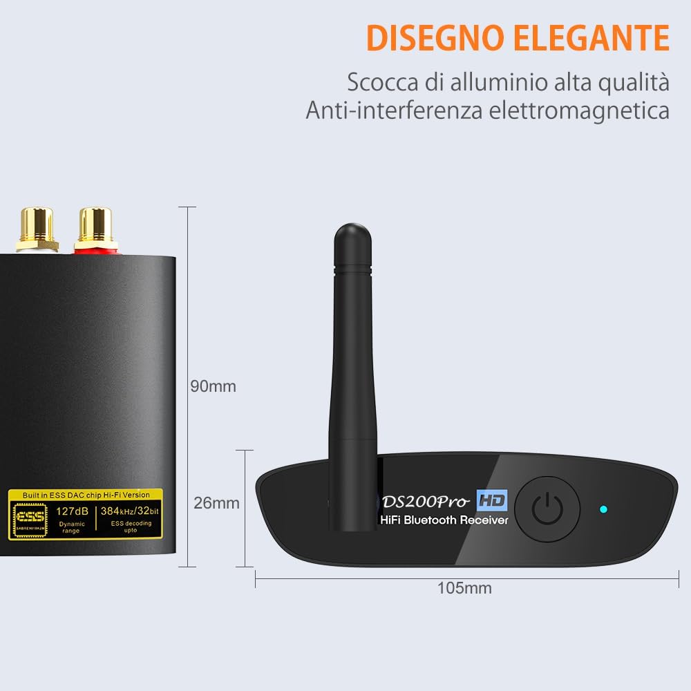 1Mii Ricevitore Bluetooth 5.3 HiFi per Stereo, Adattatore Audio Bluetooth Hi-Res LDAC, aptX HD con ESS DAC Audiophile Uscita Ottica/RCA per Ricevitore AV o Amplificatore- DS200Pro
