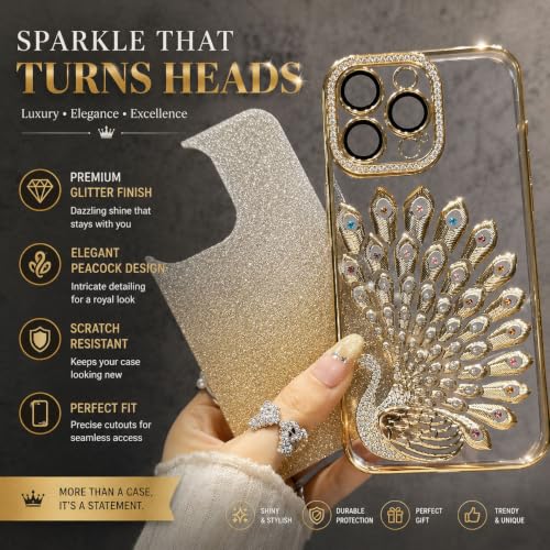 Image of mobistyle Designed for iPhone 16 Pro,3D Diamond Luxury Electroplate Glitter Peacock Tail Bling Design Camera Protection Shockproof Phone Back Cover Case for (Gold, iPhone 16 Pro)