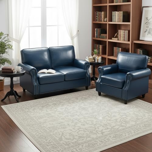 Image of Kingfun Loveseat 2 Seater Couch with Chair, Mid Century Modern Faux Leather Sofa Set with Rolled Arms and Deep Seats, Fluffy Comfort for Living Room, Apartment, Easy Assembly, Blue