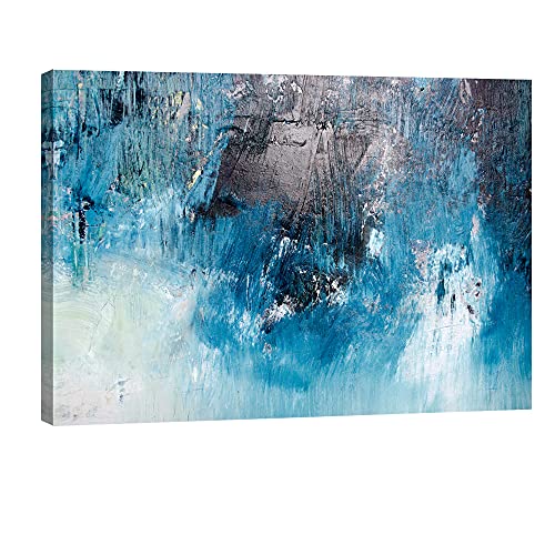 Pyradecor Large One Panel Blue Dark Grey and White Canvas Wall Art Modern Abstract Landscape Pictures Paintings for Living Room Bedroom Home Decorations