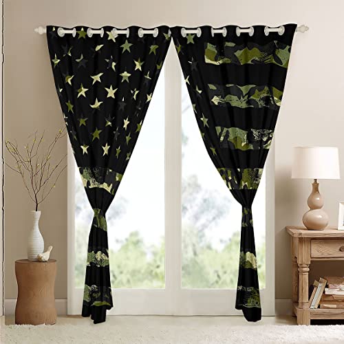 Camo American Flag Window Drapes,Green Camouflage Black Stripes Window Curtain For Dorm Bedroom And Living Room,Patriotic Stars Usa Flag Lightweight Polyester For Girls Teens, 84Wx63L Inch #TOP3