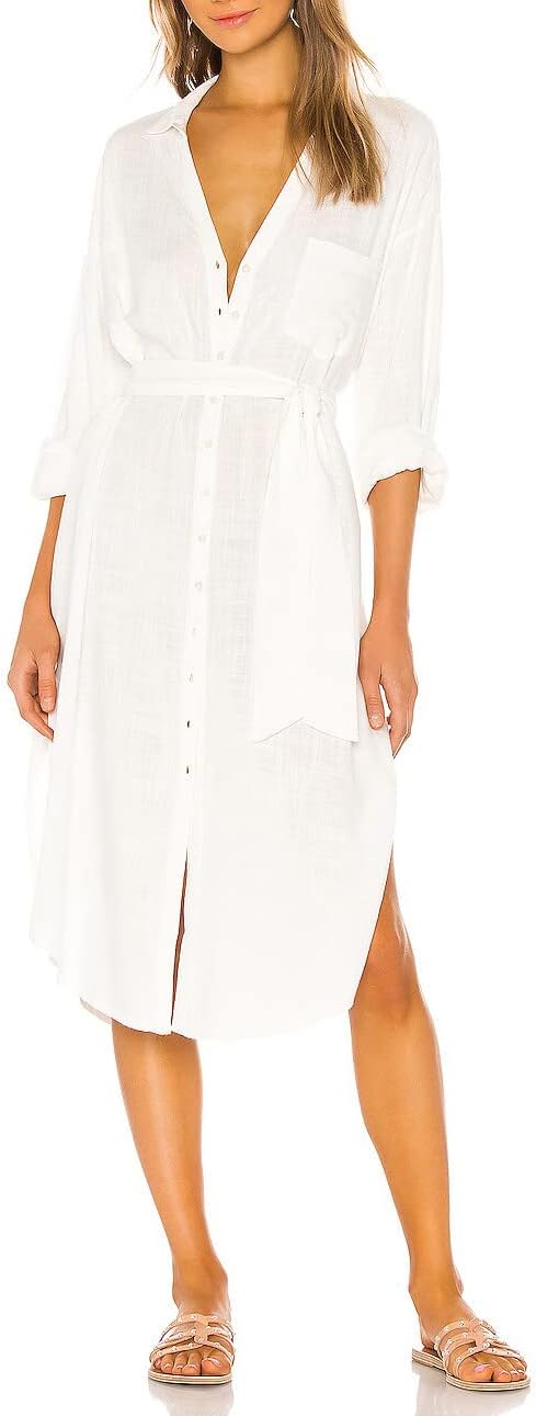Capuffy Women's Long Sleeves Button Down Swimsuit Cover Up Bikini Beachwear Sexy V Neck Long Beach Dress with Belt 201