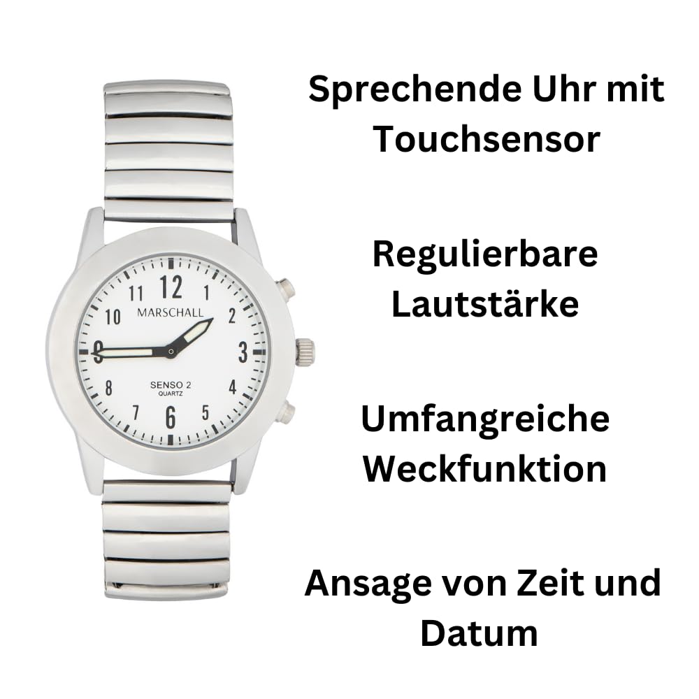 Marschall Senso Deutsch sprechende Damen Armbanduhr I S-DM 2 I Mit Touch Funktion I Für Blinde, Senioren und Demenzkranke I Datum- und Zeitansage I Verstellbares Metallzugband