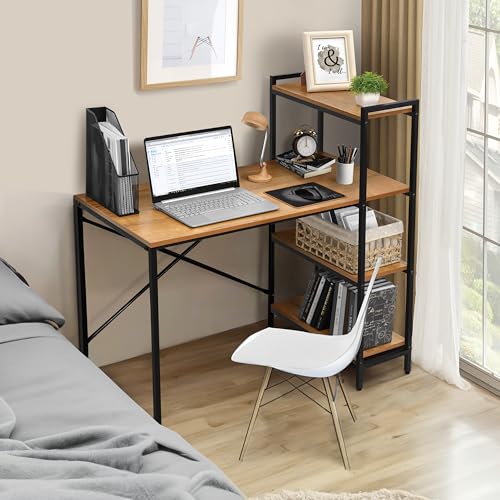 Image of ABOUT SPACE Computer Table for Home - 4 Tier Storage Study Desk for Students, Adults Work Table for Home Office - PC, Laptop, Desktop with Bottom Storage (Teak Color - L 110 x B 51 x H 110 cm)