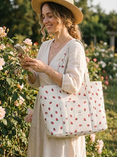 Image of TeeYee Women Tote Bag Shoulder Bag Large Zippered Strawberry Corduroy Shopper with Pockets Multipurpose | Gym traval bag