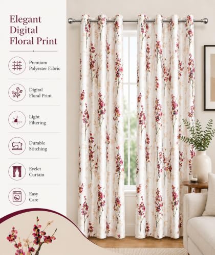 Image of 9 Feet Polyester Floral Light Filtering Long Door Curtains for Bedroom, Living Room & Hall, Eyelet Top, Wine Print Curtain Set of 4