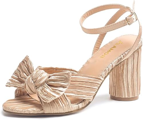 Amoji Sandalias de tacón de bloque de satén para mujer, 3 a 4 pulgadas, correa de tobillo plisada con lazo para boda, fiesta, zapatos de vestir 302