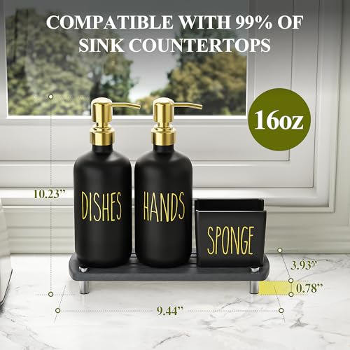 Image of Cisily Kitchen Soap Dispenser Set Comes with Ceramics Sponge Holder, Gold Pumps, and Instant Dry Tray, Hand and Dish Soap Dispenser Set (4, Gold + Black + Sponge Holder)