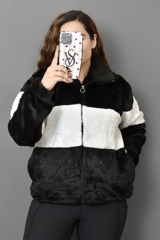 Qadri Fashion Women's Fleece Winter Contrast Jacket, Wool Zip-Up, Soft Fluffy Cold-Weather Outerwear (Black)-picture-41