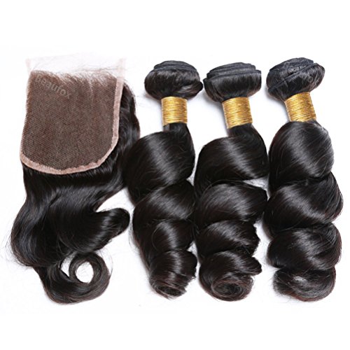 BEAUFOX Unprocessed Brazilian Loose Wave 3 Bundles With Lace Closure Remy Human Hair Extension Virgin Hair Can Be Dyed and Bleached (8 10 12 + 8, Natural Color) …