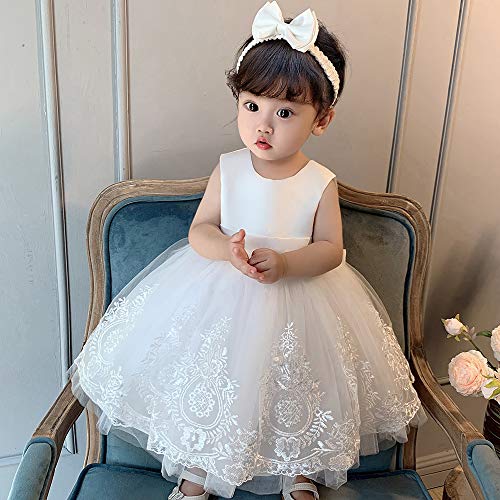 Image of TUIJI 0-6T Big Bowknot Toddler Baby Girls Formal Dresses Pageant Party Lace Embroidery Dress with Headwear