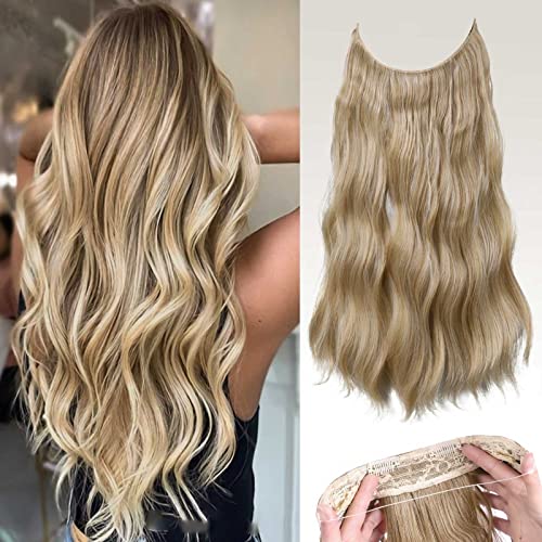 DOROJJ Hair Extensions with Invisible Wire Long Wavy Hair Extensions Adjustable Size Removable Secure Clips Hairpieces Transparent Wire Hair Extensions for Women 20 inches (27/613)
