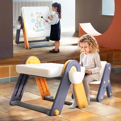 Image of BAYBEE 6-in-1 Kids Study Table and Chair Set - Foldable, Anti-Slip, Dual-Sided Tabletop, Easy to Store - Durable Study Table for Learning and Play for Ages 2 to 5 Years