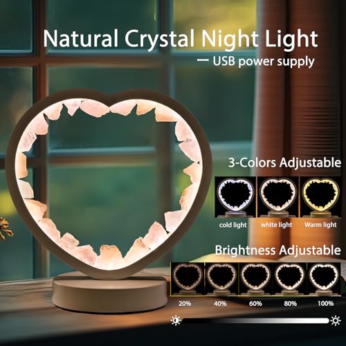 Image of Runyangshi Crystal Lamp Heart Shape Natural Rose Quartz Healing Night Light, Tri-Color USB Dimmable Bedside Ambient Lamp, Heart Chakra Feng Shui Decor Gift for Bedroom Sleep