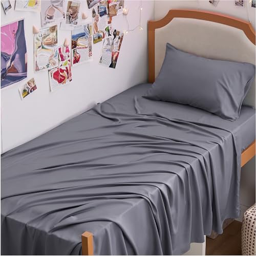 Image of Bedsure Cooling Sheets Twin XL, Rayon Derived from Bamboo, PureWoven, Breathable & Soft Twin XL Sheet Sets, Deep Pocket Up to 16 inch, Hotel Luxury Silky Dorm Bedding for Hot Sleepers, Dark Grey