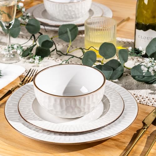 Image of GBHOME Ceramic Dinnerware Sets,18 pcs Embossed Elegant Stoneware Plates and Bowls Sets, Housewarming Wedding Gift | Dishwasher & Microwave Safe | Dishes Set Service for 6