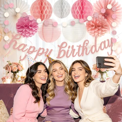 Image of Rose Gold Pink Birthday Decorations for Women Girls, Pre-Strung 24pcs | Happy Birthday Banner, Honeycomb Balls, Paper Flowers, Lanterns, Streamers, Dots Garland for Happy Birthday Party Decorations