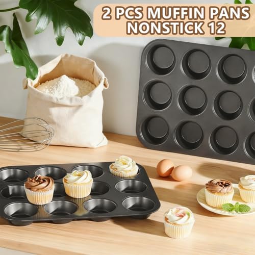 Muffin Tin, 12-Well Nonstick Cupcake Pan Set of 2, Heavy Duty Steel Muffin Pan - Thumbnail 3