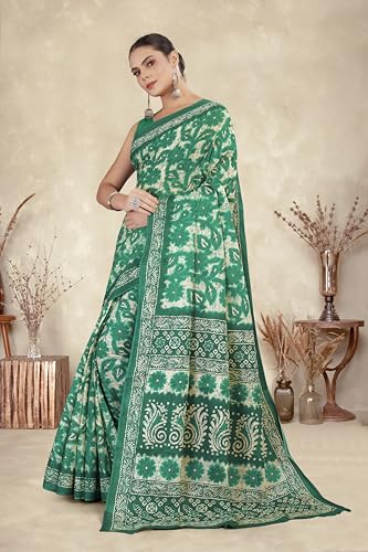 Tamaira Fashion Women's Floral Batik Printed Pure Cotton Mulmul Saree Without Blouse Piece(11588_Seagreen)