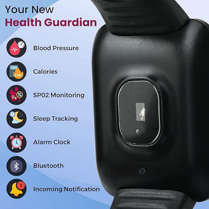 Image of Smart Watch with Fitness Tracker, 1.7 Inch Touch Screen, Heart Rate Monitor, Black Sports Band, Digital Display, Bluetooth Compatible