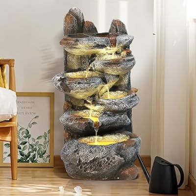 MAGIC UNION 6-Tier Cascading Rock Water Fountain, 27" H Outdoor Freestanding Rockery Fountain with LED Light and Pump, Outdoor Garden Waterfall Decor for Patio, Yard and Deck Decor, Natural Stone Look