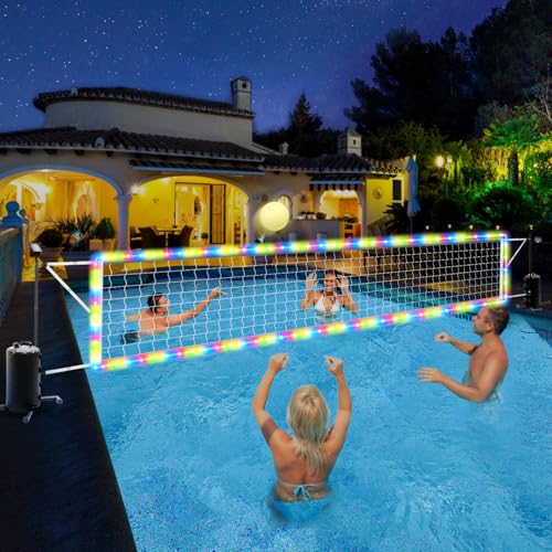 Pool Volleyball Net Set with Solar LED Lights Adjustable 15-32ft Water Volleyball Net for Inground Pools with Glow Ball Pump & Weighted Bases Outdoor Pool Games for Kids Adults Family
