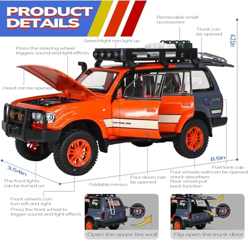 Image of 1:24 Scale Diecast Land Cruiser LC80 Model Car - Metal Pull Back Toy with Opening Doors, Lights & Sounds - Collectible Toy SUV for Boys Age 3-8, Certified Safe Gift for Kids (Orange)