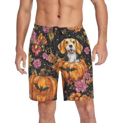 Beagle Pumpkin Bat Flowers Pajama Bottom Shorts for Men Soft Casual Sleep Lounge Shorts with Pockets S-XXL