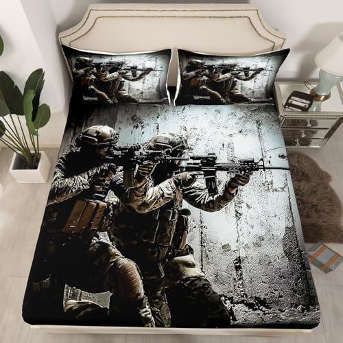 American Soldier Fitted Sheet, Boys Teens Under Mission Sheet Set, Rifle Machine Gun Bedding Set, Army Military Camo Fitted Bed Sheets Full Camouflage Bedroom Decor for Youth Man No Top Flat Sheet