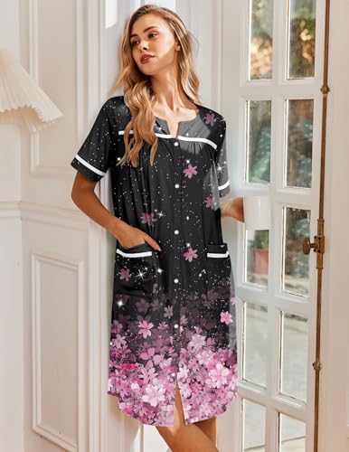 Image of Ekouaer Nightgowns for Women House Dress with Pockets Snap Front House Coat Short Sleeve Duster Moo Moos Sleepwear S-3XL